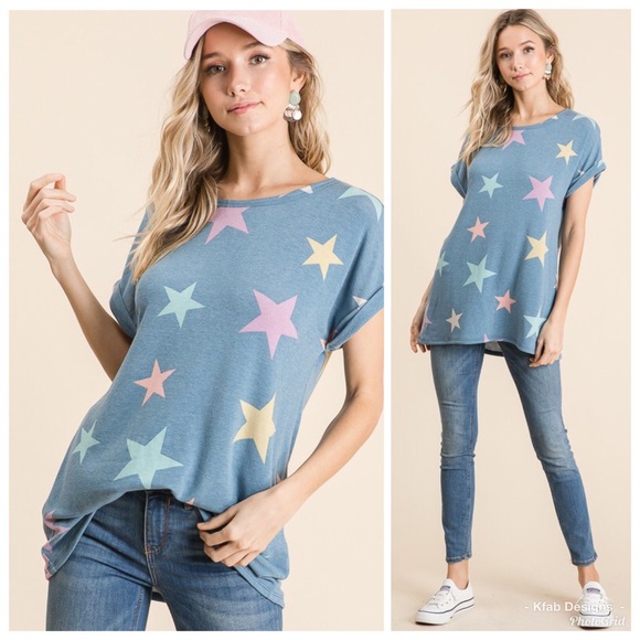 💙LAST! Star Print ⭐️Super Soft Drop Shoulder Top! - Picture 2 of 8